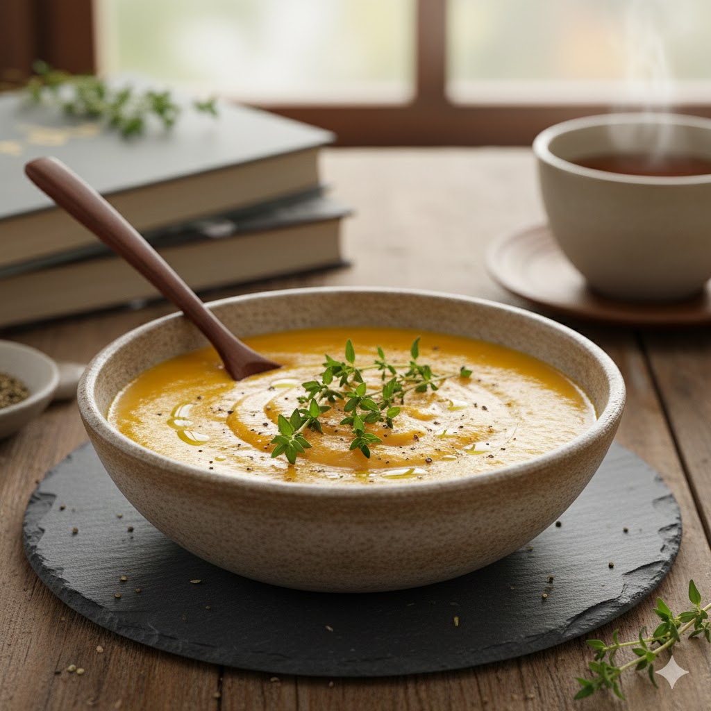 Ontstekingsremmend eten. Lunch pompoensoep met tijm