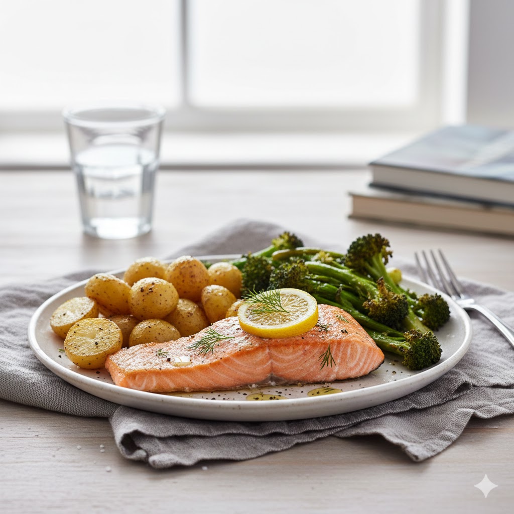 Ontstekingsremmend dieet. Avondeten. Zalm met broccoli uit de oven. 